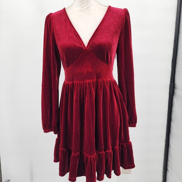 HALARA Deep V Neck Ruffled Hem Velvet Cranberry Red Mini Party Dress XS NWT - Picture 2 of 11